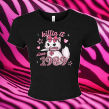 Load image into Gallery viewer, Killin It Since 1989 Kitty Cat Women's Micro Rib Baby Tee
