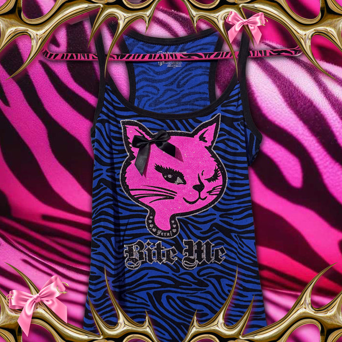 bite me kitty cat blue zebra tank top Large