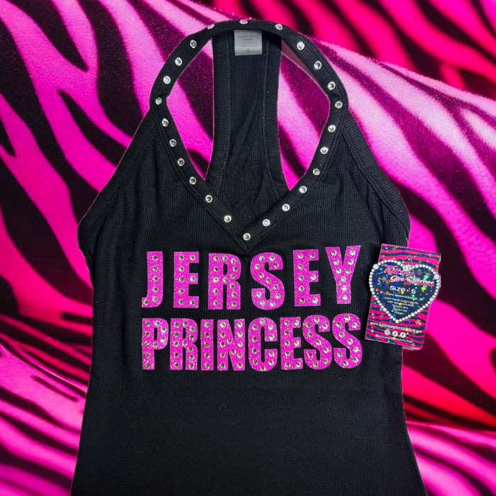 CUSTOM PHRASE bedazzled black halter tank top