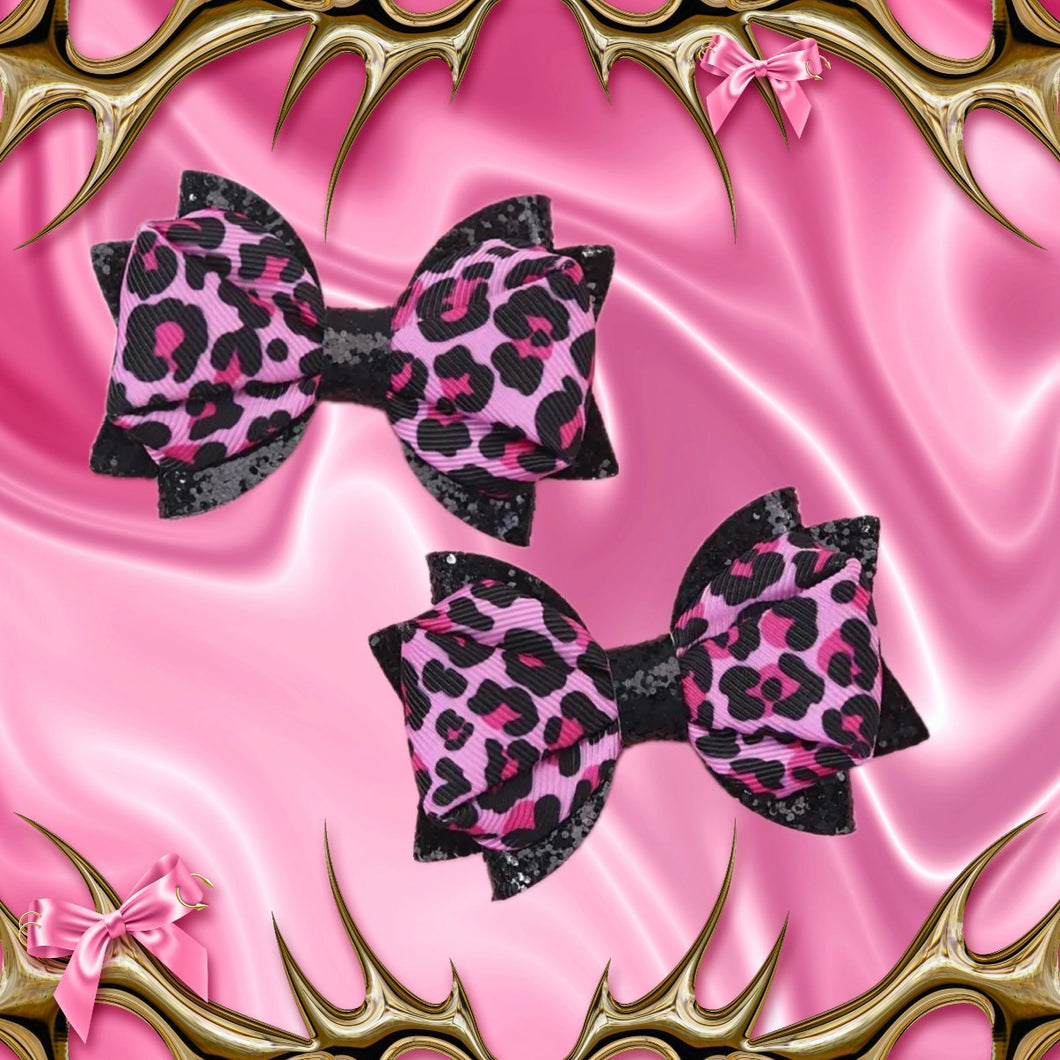 Pink Leopard Print Bow Hair Clips (Set of 2)