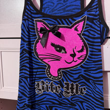 Load image into Gallery viewer, bite me kitty cat blue zebra tank top Large
