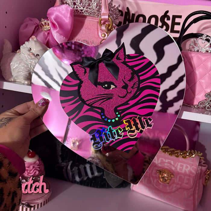 winking kitty bite me pink zebra heart mirror wall decor