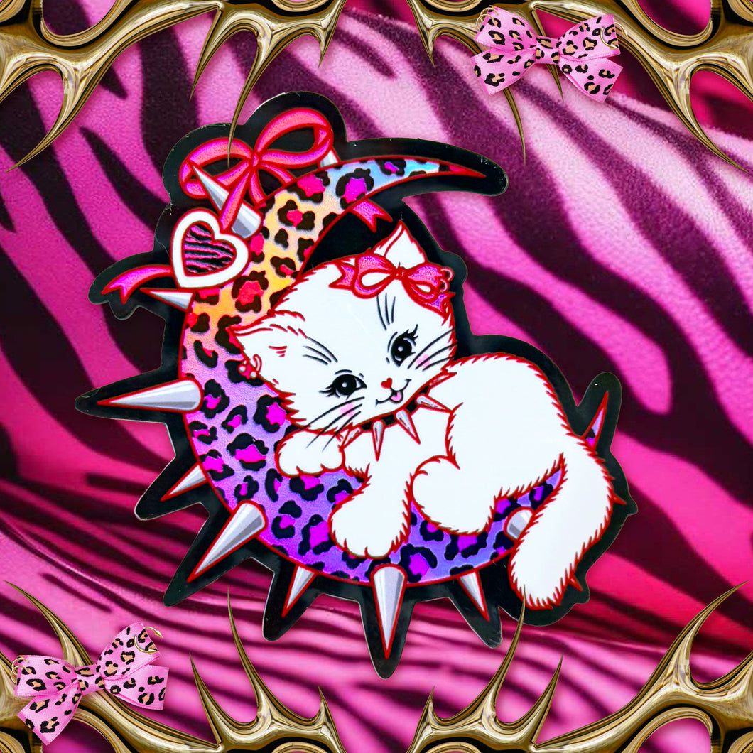 Leopard Print Moon Kitty Cat Holo Sticker