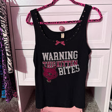 Load image into Gallery viewer, warning this kitten bites black tank top
