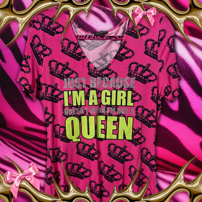 just because i’m a girl crown print hot pink shirt top Large