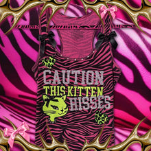 Load image into Gallery viewer, caution this kitten hisses pink zebra tank top
