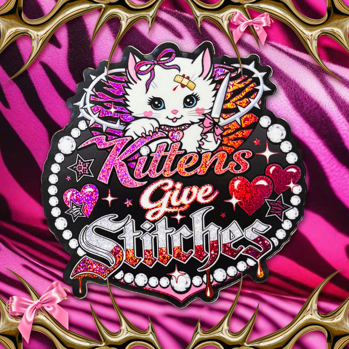 Kittens Give Stitches Logo Mcbling Kitty Cat Holo Glitter Sticker