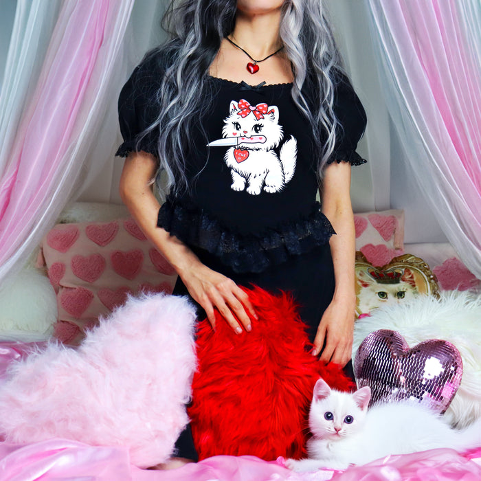 I Cut U Kitty Cat Puff Sleeve Top