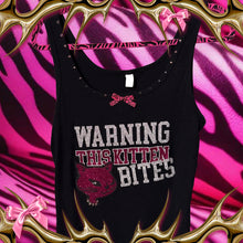Load image into Gallery viewer, warning this kitten bites black tank top
